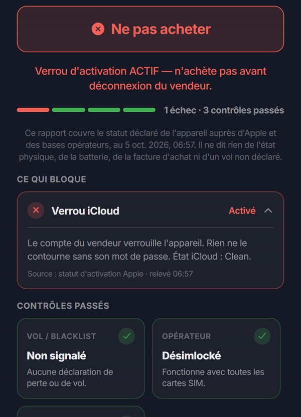 Rapport PhoneScore : Ne pas acheter, verrou iCloud actif