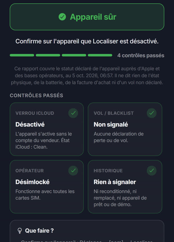 Rapport PhoneScore : Appareil sûr, 4 contrôles passés